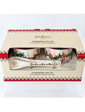 Cath Kidston Christmas Condiment Pot Set Ceramic Spoons Tray New Sealed Box
